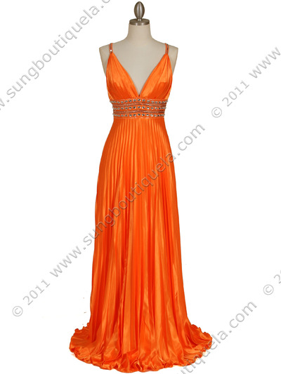 131 Orange Empire Waist Rhinestone Evening Dress - Orange, Front View Medium