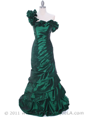 1336 Olive One Shoulder Taffeta Evening Dress, Olive