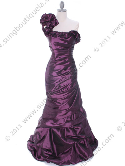1336 Plum One Shoulder Taffeta Evening Dress - Plum, Front View Medium