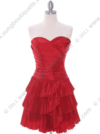 1339 Red Taffeta Tiered Cocktail Dress - Red, Front View Medium