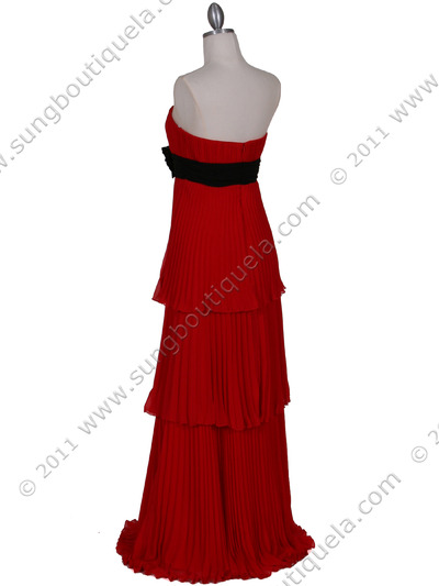 134 Red Pleated Tier Evening Dress - Red, Back View Medium