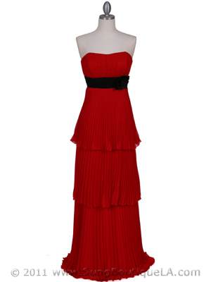 134 Red Pleated Tier Evening Dress, Red