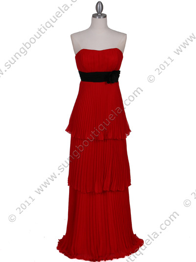 134 Red Pleated Tier Evening Dress - Red, Front View Medium