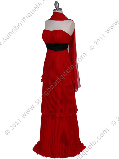 134 Red Pleated Tier Evening Dress - Red, Alt View Medium