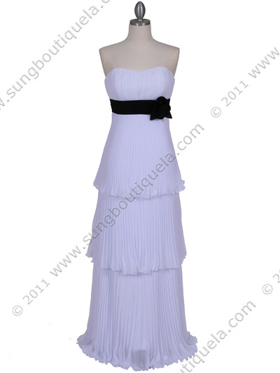 134 White Pleated Tier Evening Dress - White, Front View Medium