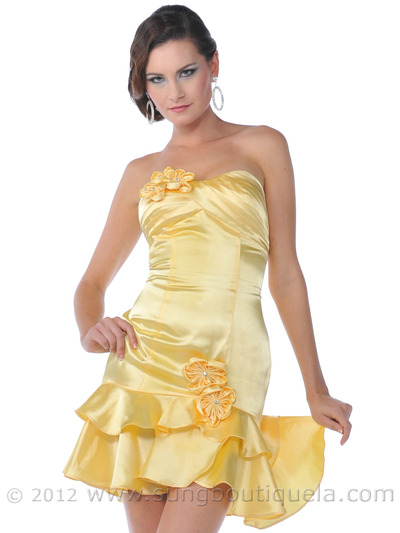 1352 Strapless Tiered Cocktail Dress - Yellow, Front View Medium