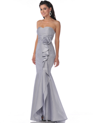 1353 Strapless Evening Dress with Rosette Decore, Silver