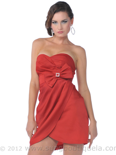 1356 Strapless Cocktail Dress with Bow - Red, Front View Medium