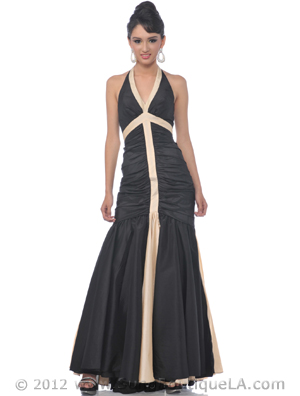 136 Halter Evening Dress with Contrast Trim, Black Gold