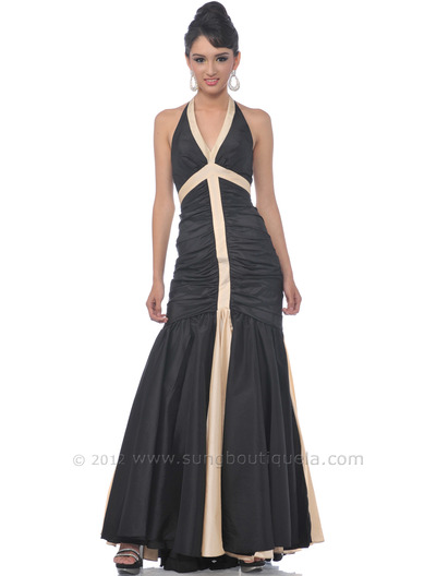 136 Halter Evening Dress with Contrast Trim - Black Gold, Front View Medium
