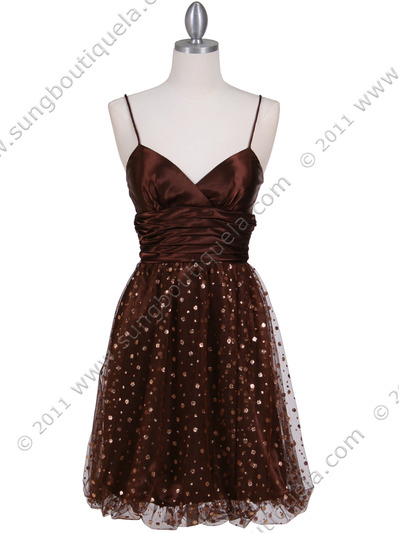 1412 Brown Giltter Cocktail Dress - Brown, Front View Medium
