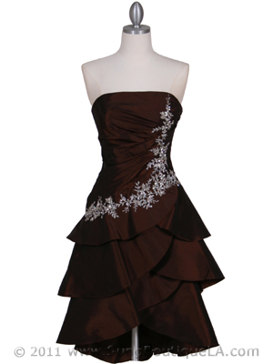 146 Brown Taffeta Tier Cocktail Dress, Brown