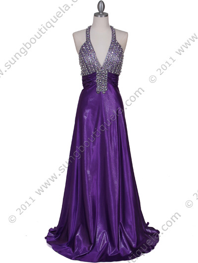 148 Purple Halter Rhinestone Evening Dress - Purple, Front View Medium