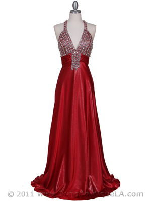 148 Red Halter Rhinestone Evening Dress, Red