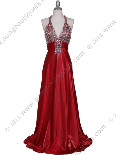 148 Red Halter Rhinestone Evening Dress - Red, Front View Medium