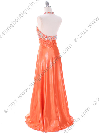 148 Tangerine Halter Rhinestone Evening Dress - Tangerine, Back View Medium