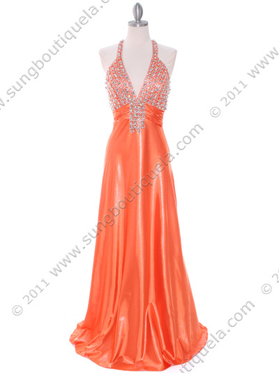 148 Tangerine Halter Rhinestone Evening Dress - Tangerine, Front View Medium