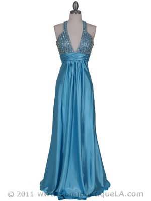 1098 Turquoise Halter Rhinestone Evening Dress, Turquoise