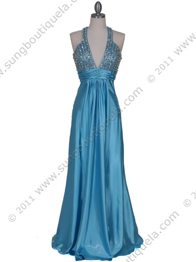 1098 Turquoise Halter Rhinestone Evening Dress - Turquoise, Front View Medium
