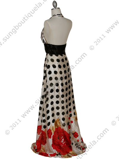 150 Polka Dot Printed Evening Dress - Ivory, Back View Medium