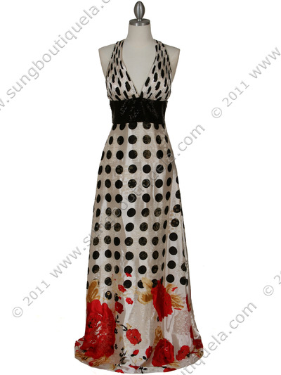 150 Polka Dot Printed Evening Dress - Ivory, Front View Medium