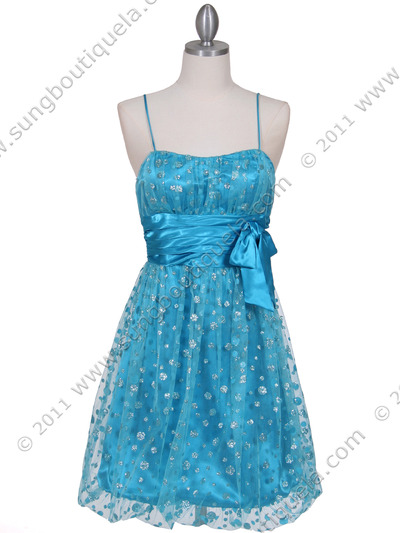 1512 Turquoise Giltter Cocktail Dress - Turquoise, Front View Medium