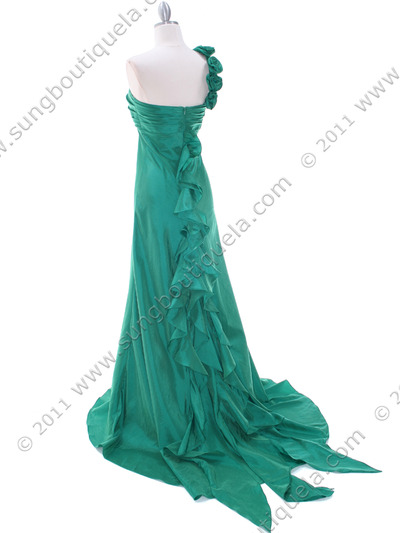 1613 Green Taffeta Rosette Prom Evening Dress - Green, Back View Medium