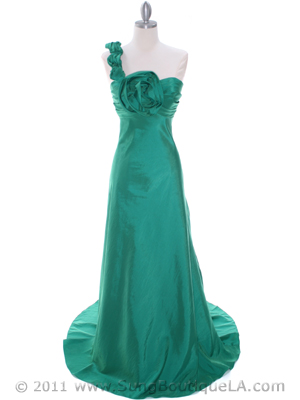1613 Green Taffeta Rosette Prom Evening Dress, Green