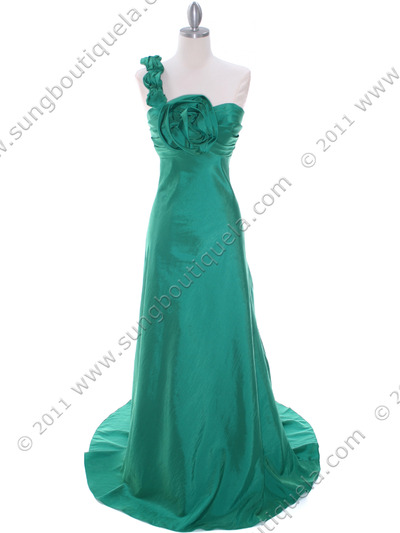 1613 Green Taffeta Rosette Prom Evening Dress - Green, Front View Medium