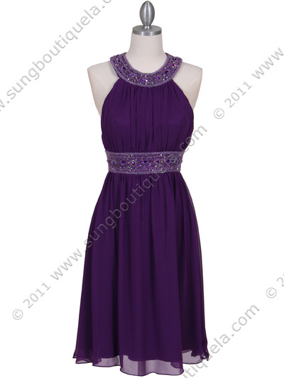 161 Purple Beaded Cocktail Dress - Purple, Front View Medium