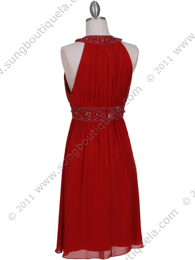 161 Red Beaded Cocktail Dress - Red, Back View Medium