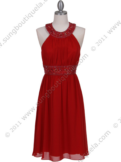 161 Red Beaded Cocktail Dress - Red, Front View Medium