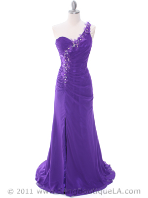 1624 Purple One Shoulder Floral Evening Dress, Purple