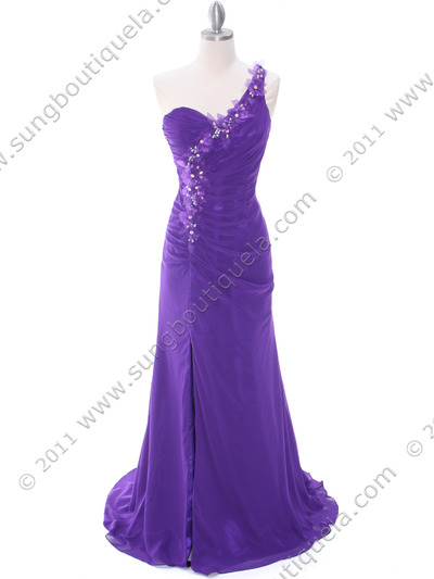 1624 Purple One Shoulder Floral Evening Dress - Purple, Front View Medium