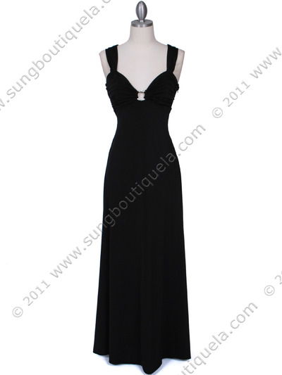 1633 Black Evening Dress with Rhinestone Buckle - Black, Front View Medium