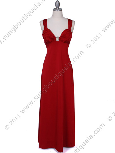 1633 Red Evening Dress with Rhinestone Buckle - Red, Front View Medium