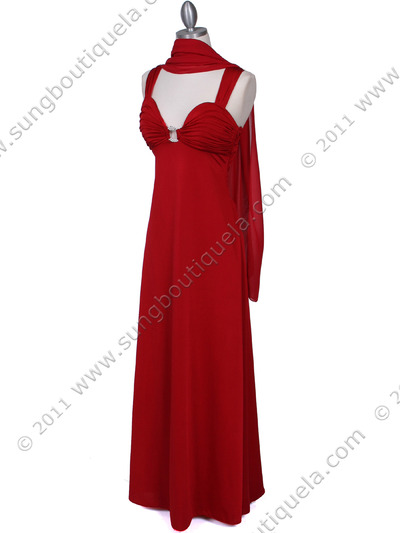 1633 Red Evening Dress with Rhinestone Buckle - Red, Alt View Medium