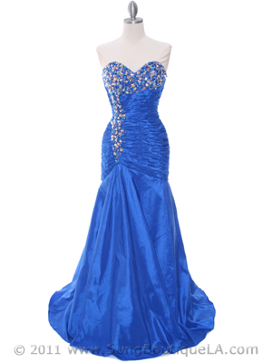 1640 Royal Blue Strapless Taffeta Jeweled Evening Gown, Royal Blue