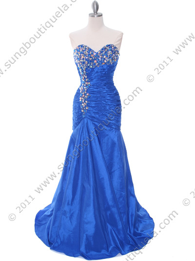1640 Royal Blue Strapless Taffeta Jeweled Evening Gown - Royal Blue, Front View Medium