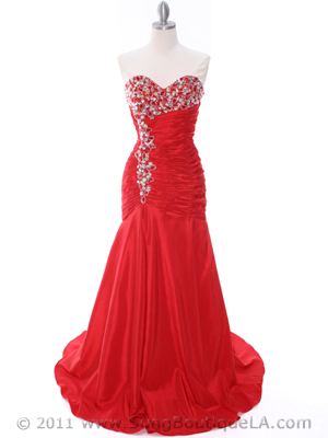 1640 Red Strapless Taffeta Jeweled Evening Gown, Red