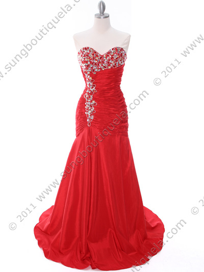 1640 Red Strapless Taffeta Jeweled Evening Gown - Red, Front View Medium