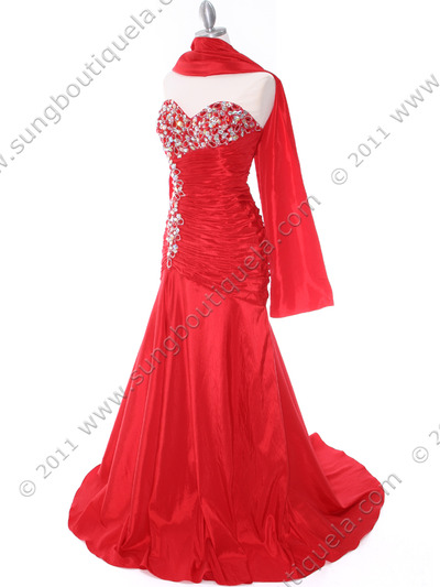 1640 Red Strapless Taffeta Jeweled Evening Gown - Red, Alt View Medium