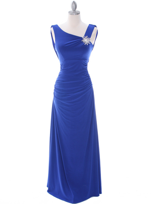 1643 Royal Blue Draped Back Evening Dress with Rhinestone Pin, Royal Blue