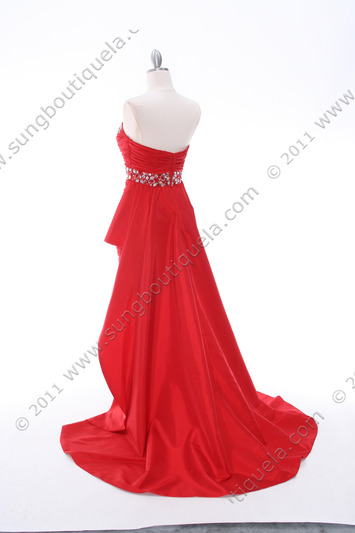 1644 Red Strapless Jeweled Evening Gown - Red, Back View Medium