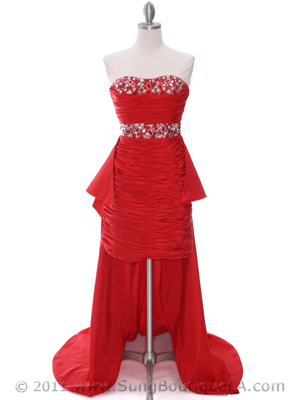 1644 Red Strapless Jeweled Evening Gown, Red
