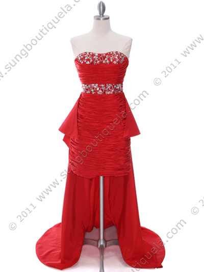 1644 Red Strapless Jeweled Evening Gown - Red, Front View Medium