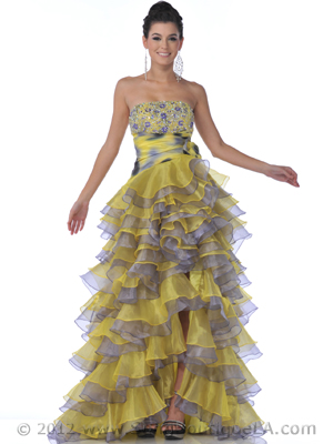 1645 Strapless High Low Ruffle Tiered Prom Dress, Yellow Purple