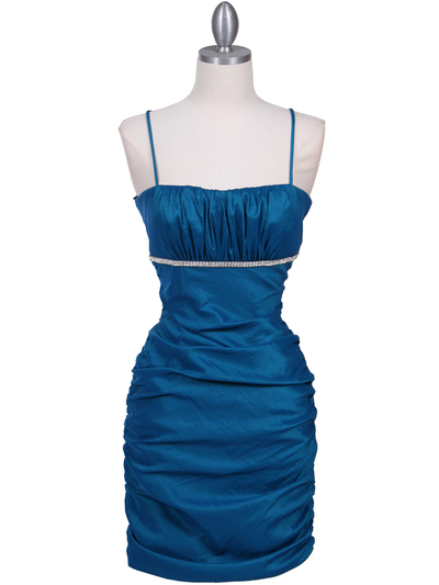1646 Teal Stretch Taffeta Pleated Cocktail Dress - Teal, Front View Medium