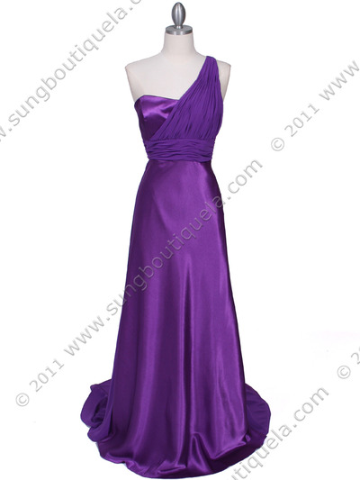 165 Purple One Shoulder Evening Dress - Purple, Front View Medium
