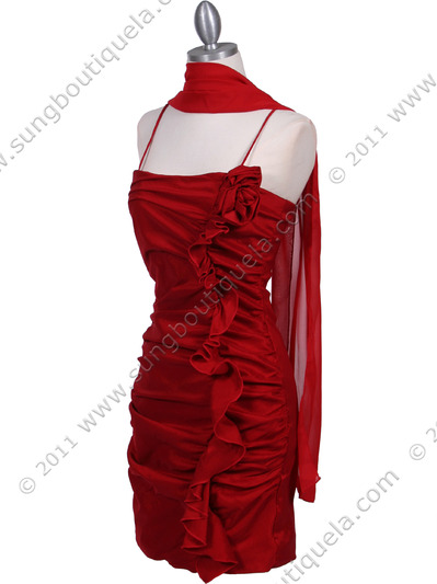 1671 Red Stretch Taffeta Floral Cocktail Dress - Red, Alt View Medium